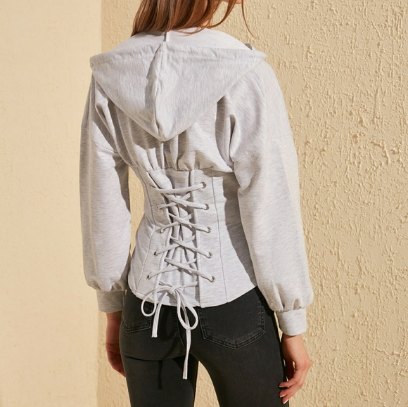 Gray tie detail hooded sweatshirt - Picture 2 of 8